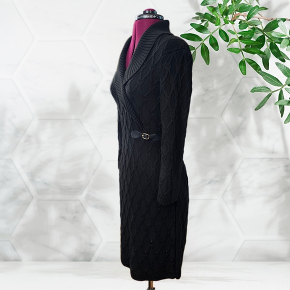 Calvin Klein Black Shawl Collar Chunky Cable Knit Sweater Faix Wrap Dress - Picture 6 of 16